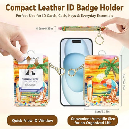 Tropical Leather Badge Holder with Zipper Pocket, Beautiful Work Lanyards and 1 Zip Pocket, 4 Card Slots, Breakaway Lanyards with Metal Clasp for Offices, Staff, Adult, Employees