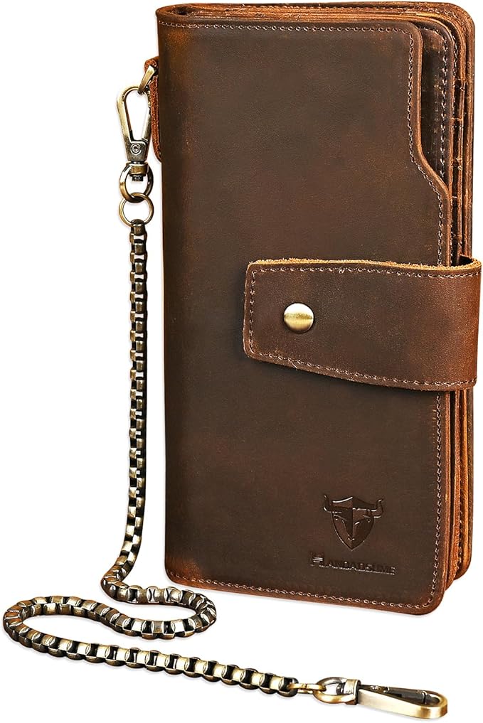 Genuine Crazy Horse Leather Travel Gift Coin Pocket Card Case Long Organizer Chain Rfid Wallet Purse With Snap For Men Male 1803 1815 (W-1820-Brown)