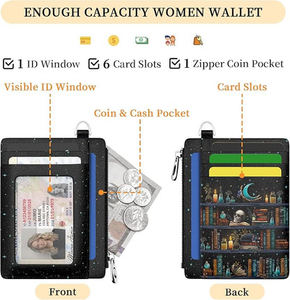 Hancynir Goth Bookshelf Skull Cat Wallet Women Credit Card Holder Funny Gothic RFID Blocking Small Card Wallets Mini Front Pocket PU Leather Thin Travel Zipper Coin Cash Ladies Female Wallet Gifts