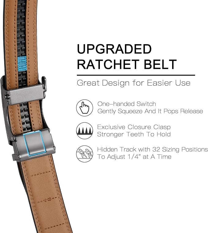SENDEFN Leather Belt for Men Automatic Ratchet Buckle Slide Dress Casual Belts 1 3/8'' Wide Adjustable Trim to Fit(Black-20)