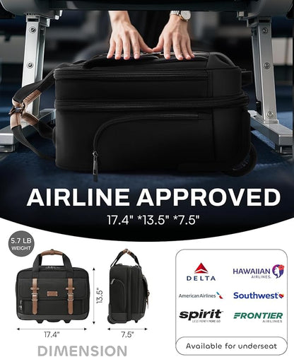 Rolling Laptop Bag, Briefcase for Men and Women, 16 Inch Computer Bag with Wheels Underseat Carry on Luggage, Laptop Briefcase Case for Work, Travel, College Teacher, Mobile Office Bag, Brown