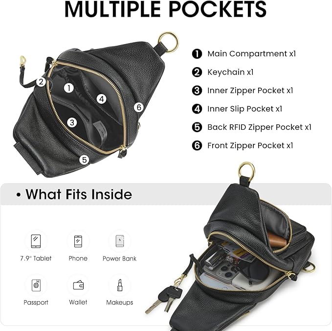 Kattee Small Sling Bag for Women, Leather Fanny Packs Crossbody Purse, Chest Bag for Travel with RFID Blocking, Black