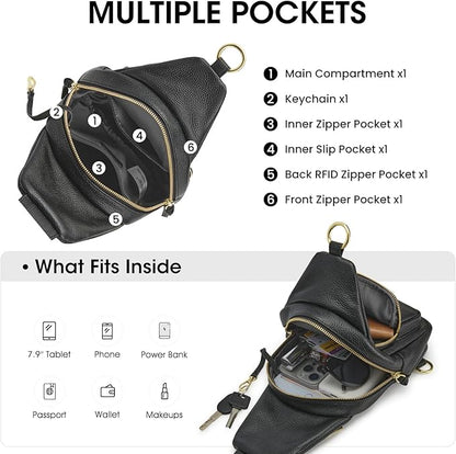Kattee Small Sling Bag for Women, Leather Fanny Packs Crossbody Purse, Chest Bag for Travel with RFID Blocking, Black