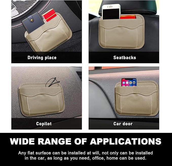 povtii Car Seat Side Pocket Organizer, PU Leather Cell Phone Sunglasses Storage Pocket, Mini Seat Gap Filler Pouch for Auto Seat Door Window Console, Interior Car Accessories (Beige)