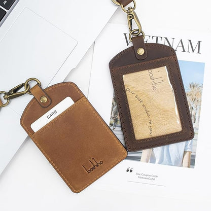 Badge Holder: Boshiho Cowhide Leather ID Badge Card Holder with 19" Neck Lanyard, Vertical Style (Light Brown)