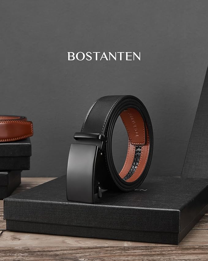 BOSTANTEN Mens Belt Leather Ratchet Belt For Men Dress and Casual with Adjustable Buckle, Trim to Fit