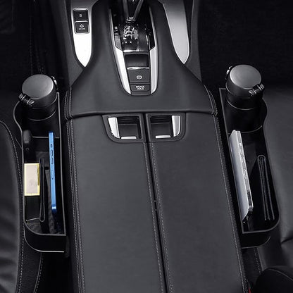 Car Seat Gap Filler Organizer 2 Pack, Multifunctional Auto Console Side Storage Box with Cup Holders & Phone Holder, Premium PU Leather Car Front Seat Organizer for Drinks, Sunglasses, Keys