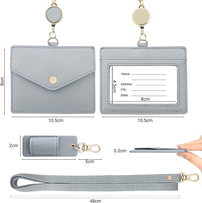 Office Badge Holder - Boshiho Genuine Leather Credit ID Card Holder with Stretch Neck Lanyard and Pen Clip (Horizontal-Grey)