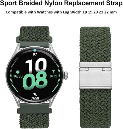 WOCCI 20mm Braided Nylon Watch Band for Men and Women, Quick Release, Silver Stainless Steel Buckle (Khaki Green)