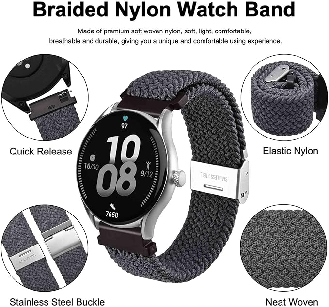 WOCCI 21mm Braided Nylon Watch Band for Men and Women, Quick Release, Silver Stainless Steel Buckle (Grey)
