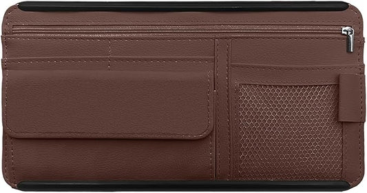 Car Sun Visor Storage Bag, Soft Leather Surface Organizer, Scratch-Resistant Auto Sunshade Organizer Bag, Can Store ID Card, Eyeglasses, Pen, Driving License etc (Brown)