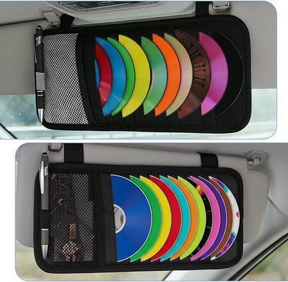 1 Pcs Car CD Holder, Car Sun Visor Storage DVD Disc Holders Pocket Case Organizer with 12 DVD Storage Sleeves, one Mesh Pocket, one Pen Holder, and Elastic Strap (Black)