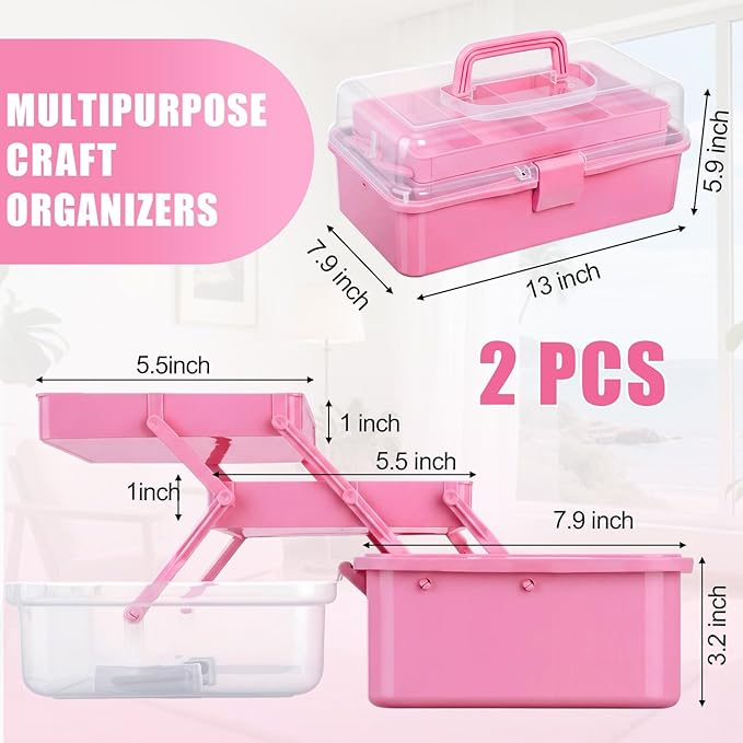2 Pcs 13 Inch 3-layer Multipurpose Craft Organizers Storage Portable Plastic Tackle Box with Adjustable Spacers and Handled Folding Art Craft Case for Sewing Art Supply Medicine (Pink)