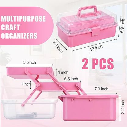 2 Pcs 13 Inch 3-layer Multipurpose Craft Organizers Storage Portable Plastic Tackle Box with Adjustable Spacers and Handled Folding Art Craft Case for Sewing Art Supply Medicine (Pink)