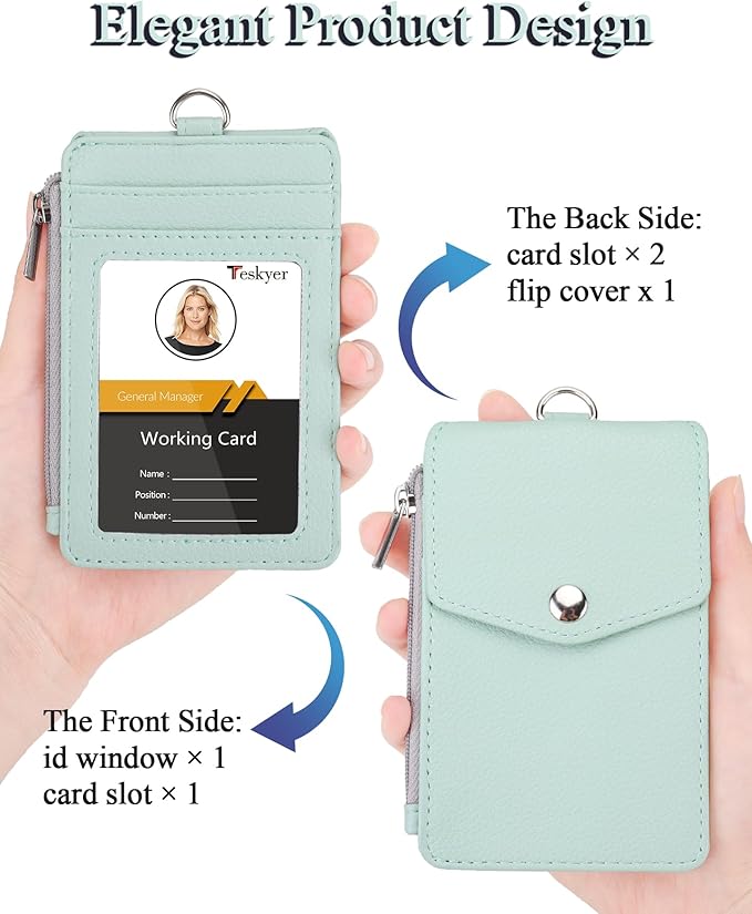Teskyer Badge Holder with Side Zip Pocket, Multiple Card Slots Leather ID Holder Wallet with Neck Lanyard for Office, Teachers/Students, Workers, Cruise Cards, Metro Cards, Lichee Light Green