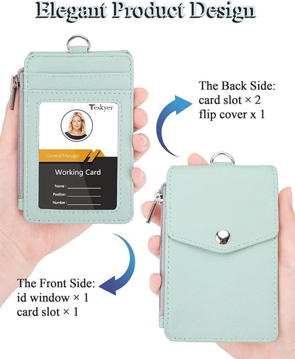 Teskyer Badge Holder with Side Zip Pocket, Multiple Card Slots Leather ID Holder Wallet with Neck Lanyard for Office, Teachers/Students, Workers, Cruise Cards, Metro Cards, Lichee Light Green