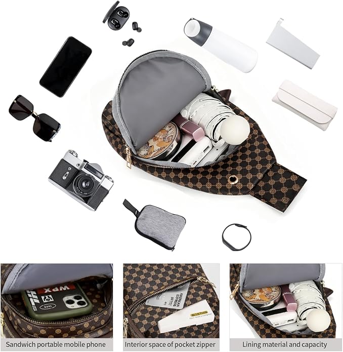 Sling Bag Set, PU Leather Sling Bag, Multi-Zipper Design for Travel, Outdoors, Valentine’s Day Gifts