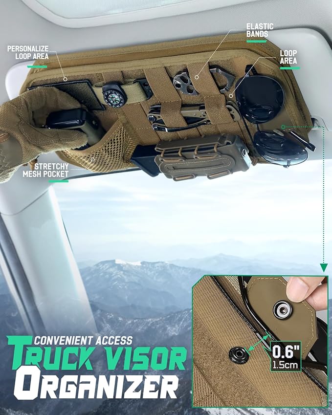 LIVANS Tactical Car Sun Visor Organizer, Auto Accessories Semi-Rigid Molle Panel with Zipper Storage Pouch & Glasses Holder, Gift for Car Gear, Fit Cars, Trucks, Suvs, Jeeps & Patrols (Khaki)