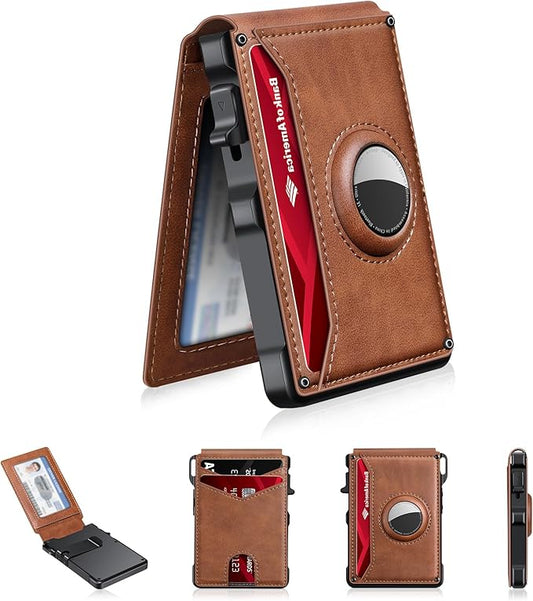 KIKVES Airtag Wallet for Men, Mens Smart Wallet for Air Tag RFID Blocking, Minimalist Bifold Pop Up Aluminum Credit Card Case Holder 12+ Cards with ID Window, Gift for Men, No Airtag Included, Brown