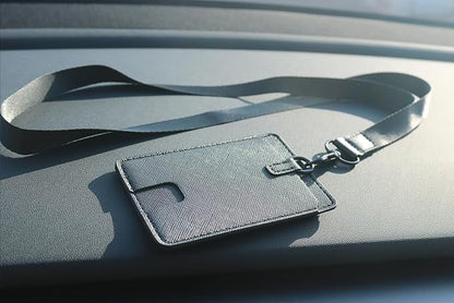 Leather ID Badge Holder,Slim Minimalist Elastic Credit Card Holder, Vertical Credit Card Holder for Men & Women with Neck Lanyard (Black-E)
