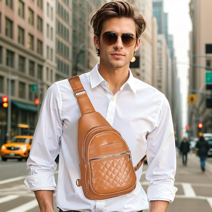 Crossbody Bags for Women Men,Leather Sling Bag Cross Body Backpack for Women, Casual Chest Bag Daypack for Travel Hiking,Brown