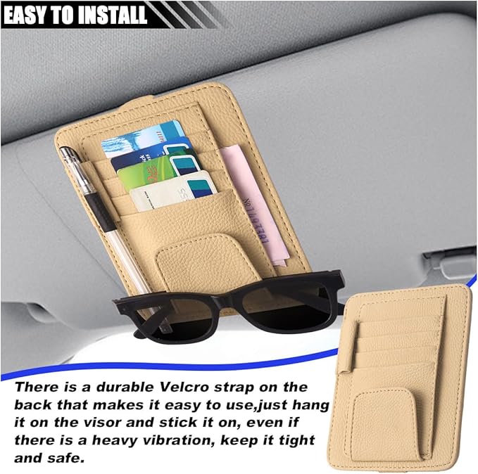 Car Sun Visor Organizer, Leather Card Sleeve Pocket Organizer, Multifunctional Auto Visor Document Holder with Sunglasses Clip, Universal Car Interior Organizer for Driving License, Pen (Small-Beige)