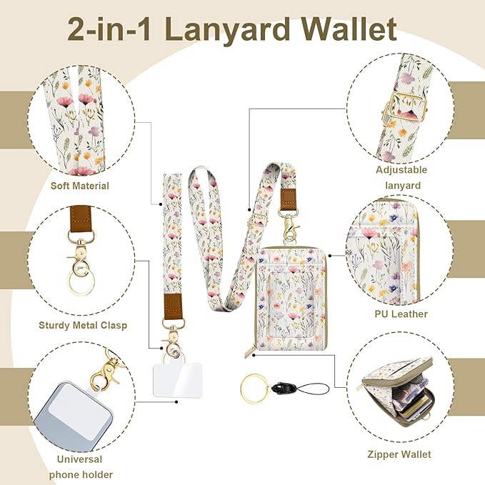 Flower Watercolour PU Leather ID Badge Holder with Lanyard with 1 Zip Pocket and 3 Card Slots Keychain Phone Lanyard Wrist Strap, RFID Blocking, for Office School Business Women