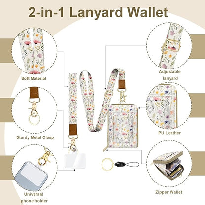 Flower Watercolour PU Leather ID Badge Holder with Lanyard with 1 Zip Pocket and 3 Card Slots Keychain Phone Lanyard Wrist Strap, RFID Blocking, for Office School Business Women