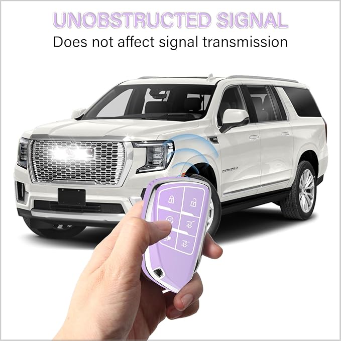QBUC for Chevy Key Fob Cover with Keychain Soft TPU Protection Case Compatible with 2021-2026 Chevy Tahoe Suburban GMC Yukon Denali Silverado 6-Buttons(Chrome Trim Purple)