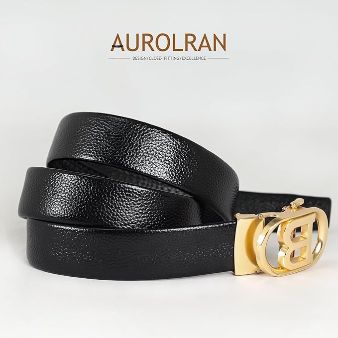 Aurolran Men&Womens Leather Dress Belt Business Automatic Buckle Belt Color-Black Silver Gold
