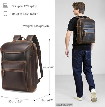 LANNSYNE Full Grain Leather Backpack For Men, 17" Laptop Backpack, Casual Outdoor Business Travel Rucksack, YKK Zippers