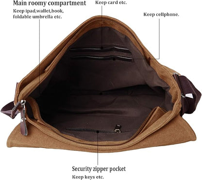 Mactso Vintage Canvas Messenger Bag for Men Women, 13.5 Inch Laptop Satchel Shoulder Bag with Multiple Pockets, Crossbody Bag for Work Travel College (Coffee-01)
