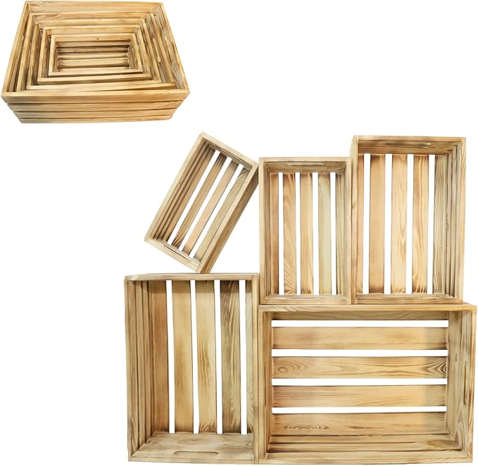 Wooden Crates for Display Large Rustic Nesting Wooden Basket with Handle, Farmhouse Wood Crate for Storage and Container, 5 Size Multipurpose Wood Basket for Fruits Vegetables Boxes XL