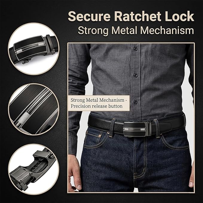 JINIU Men's Ratchet Belt Buckle, Black Genuine Leather Slide Belt for Men Dress Suit, Micro Adjustable Trim to Fit Boxed