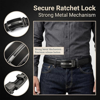 JINIU Men's Ratchet Belt Buckle, Black Genuine Leather Slide Belt for Men Dress Suit, Micro Adjustable Trim to Fit Boxed