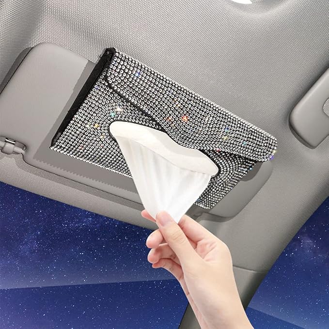 Bling Car Sun Visor Tissue Box Holder Pure Hand-Made Sparkling Crystal Auto Napkin Holder PU Leather Backseat Tissue Case for Women (Blue)