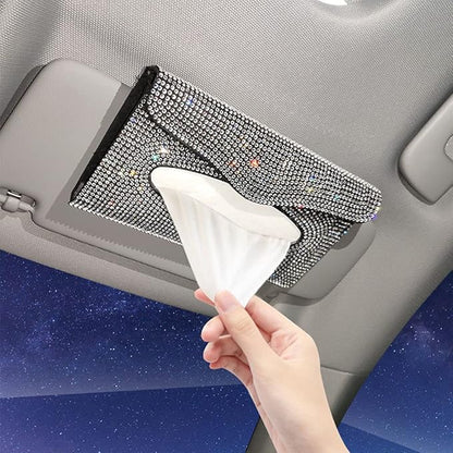 Bling Car Sun Visor Tissue Box Holder Pure Hand-Made Sparkling Crystal Auto Napkin Holder PU Leather Backseat Tissue Case for Women (Colorful)