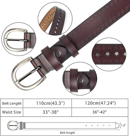 INOGIH Women Vintage Floral Engraved Embossed Genuine Western Leather Belt for Jeans Dresse