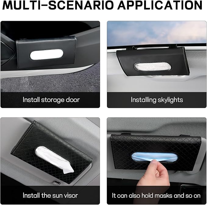 Car Tissue Holder, Leather Tissue Holder for Car Sun Visor, Rectangular Auto Sun Visor Napkin Holder Mask Dispenser, Universal Vehicle Tissue Box Sun Visor Accessory (Black)