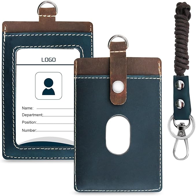 Badge Holder: Boshiho Cowhide Leather ID Badge Card Holder with 19" Neck Lanyard, Vertical Style (Brown-Blue)