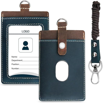 Badge Holder: Boshiho Cowhide Leather ID Badge Card Holder with 19" Neck Lanyard, Vertical Style (Brown-Blue)