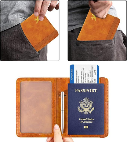 ACdream Passport and Vaccine Card Holder Combo, Cover Case with CDC Vaccination Card Slot, Leather Travel Documents Organizer Protector, with RFID Blocking, for Women and Men, C - Yellow & Plane, C