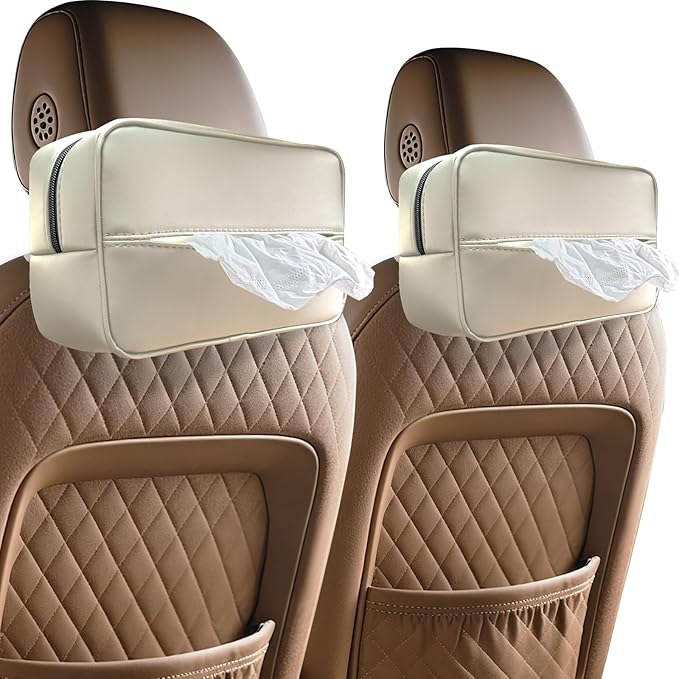 Witaxima Large Car Tissue Holder for 120 Standard Tissues, Premium PU Leather Tissue Holder in Car Backseat Rectangular, Napkin Holder for Car Fits for Kleenex Tissues Box Daily Use Black (2, Beige)
