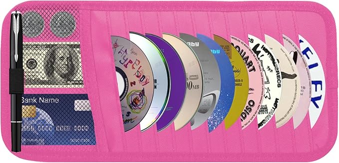 Car CD & DVD Holder - Large Capacity CD Visor Case, Vehicle Visor Storage Organizer with 12 Disc Sleeves, 1 Mesh Pocket 1 Pen Holder and & Elastic Band (Pink)