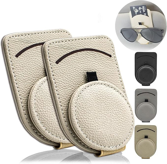 Sunglass Holder for Car Visor, Magnet Adsorbed Sunglasses Holder for Car Accessories Parts, Leather Car Sunglass Holder, Car Visor Sunglasses Clip for Glasses Cards (2PCS, Beige)