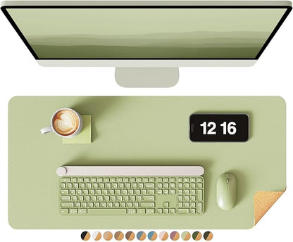 YSAGi Double-Sided Desk Pad, 23.6"x13.7" Leather Desk Mat, Eco Cork Desk Pad Protector, Large Mouse Pad for Desk, Waterproof Desk Blotter Pad, Desk Writing Pad for Office Work/Home(Matcha Green/Cork)