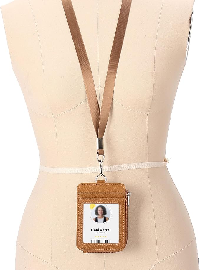 Badge Holder – Genuine Leather ID Badge Holder with Zipper Pocket and Nylon Lanyard – Perfect for Badges, Cards, and More