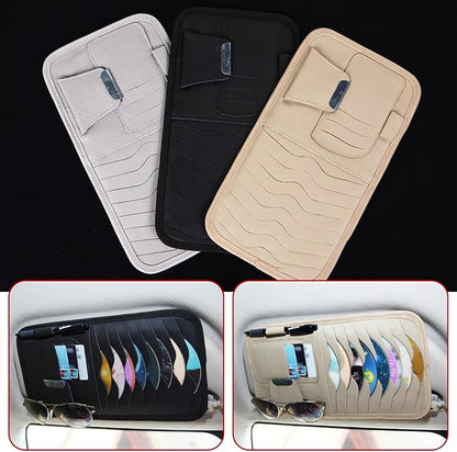 1 PC Car Sun Visor CD Storage Bag, Multi-pocket Leather Layered Organizer, Multi-functional Storage Folder for CDs Sunglasses Cards Pens, Universal Interior Accessories for Cars (Black)