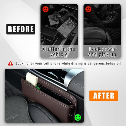 Ziciner Car Seat Gap Organizer, Premium Leather Auto Seat Storage Box, Vehicle Adjustable Front Seat Gap Filler, Car Seat Side Pocket Organizer for Phones, Glasses, Keys, Money, Cards (Coffee)
