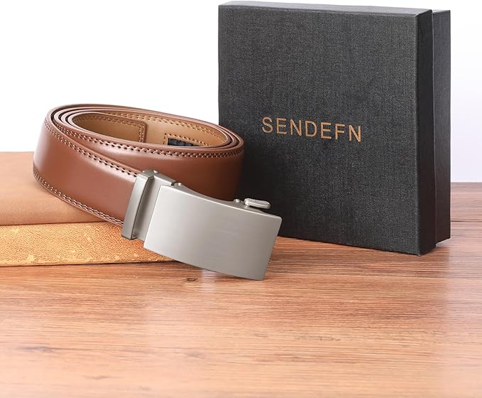 SENDEFN Men's Leather Belt Automatic Ratchet Buckle Slide Belt for Dress Casual Trim to Fit with Gift Box